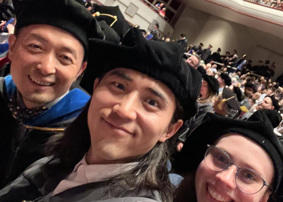 Prof. Jie Zhang, Hyoju Kim and Sheyenne Fishero at PhD Hooding Ceremon