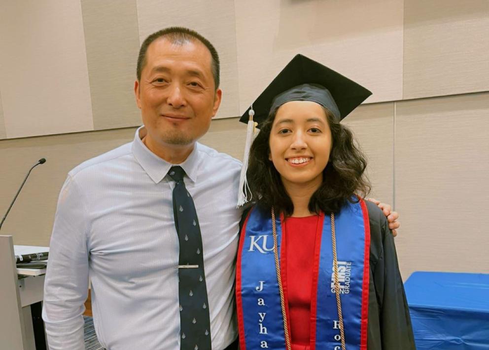 Prof. and Chair Jie Zhang with graduate Elizabeth Castaneda