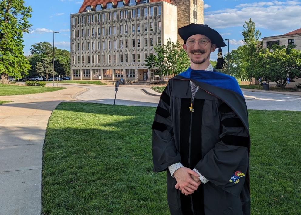 Aron Finhot, PhD Graduate Outside Blake Hall